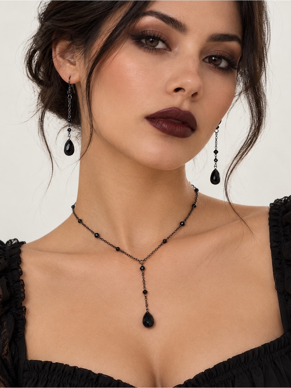 Black Teardrop Y-Chain Necklace and Earrings Set - Women Jewelry